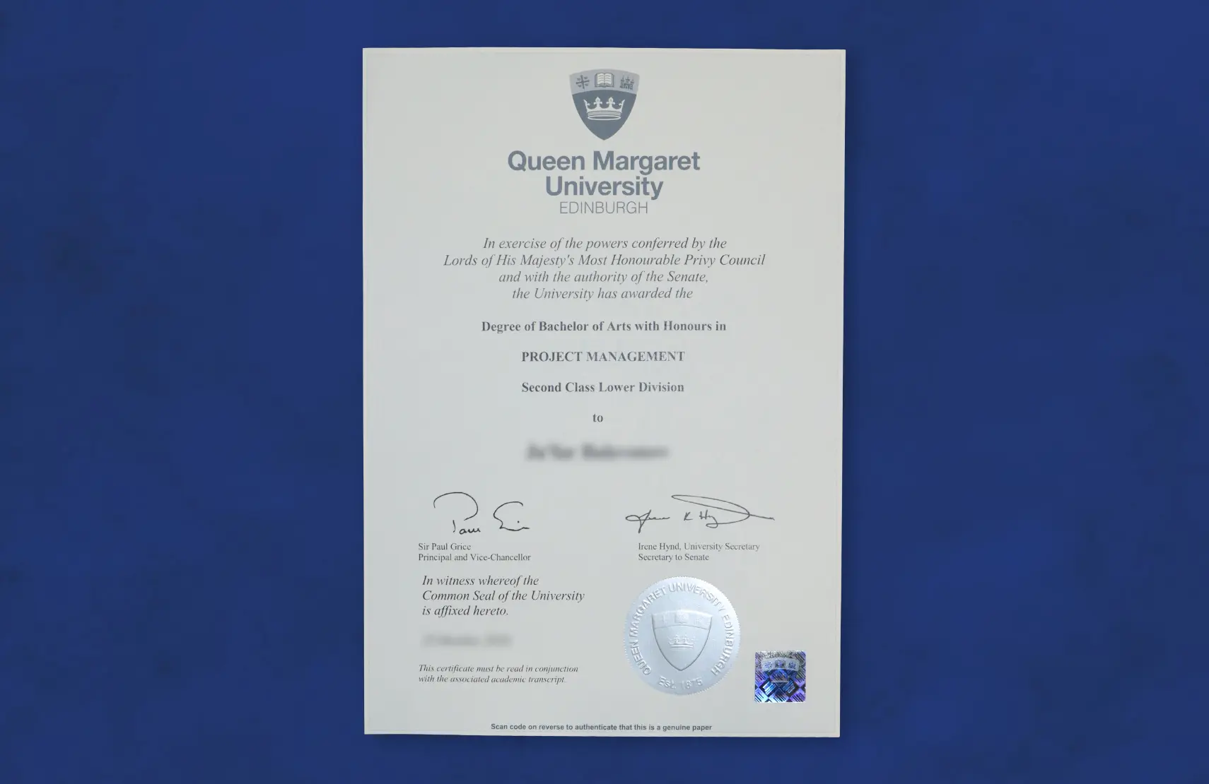 A Degree Diploma Issued by Queen Margaret University, Edinburgh